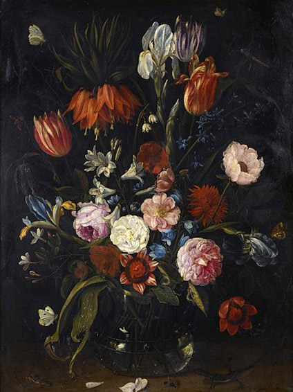 A still life of tulips, a crown imperial, snowdrops, lilies, irises, roses and other flowers in a glass vase with a lizard, butterflies, a dragonfly a